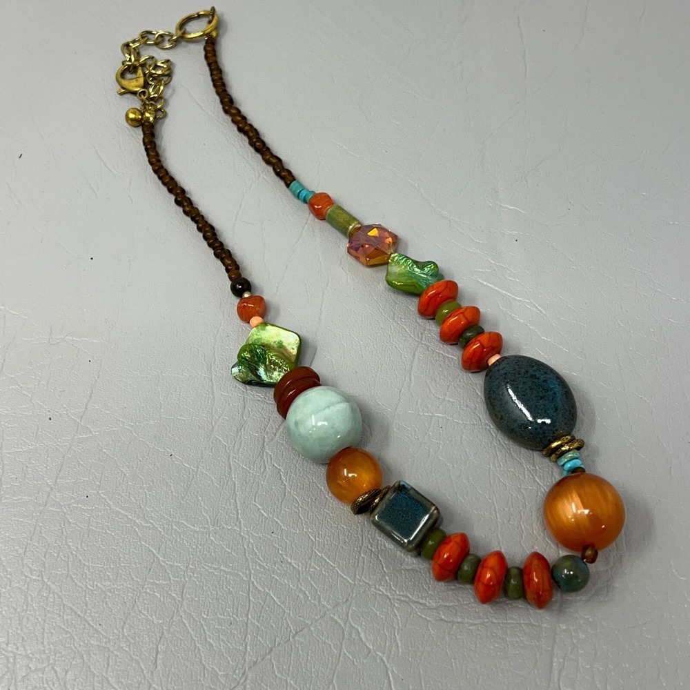 Boho Orange Green Beaded Necklace Gold Tone Glass Acrylic Beads